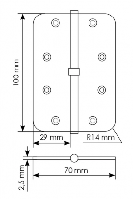 MSD-C 100X70X2.5 SG L, петля стальная скругленная левая без коронки, цвет - мат.золото