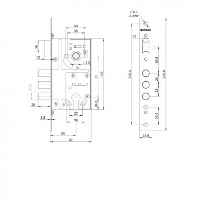 Корпус врезного замка c защёлкой MDV811/C-60.85.3R14